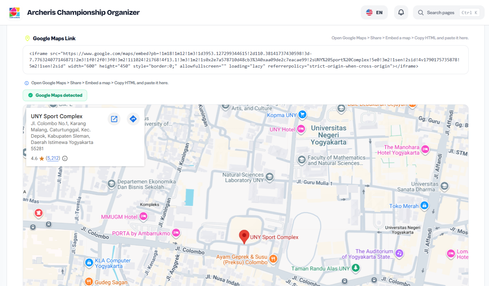 Tournament Identity section showing Name, Slug, Venue, Country, Currency, Location Type, and Google Maps link fields